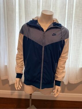 Nike Windrunner Colorblock Hooded Windbreaker Jacket Blue and White Size Large
